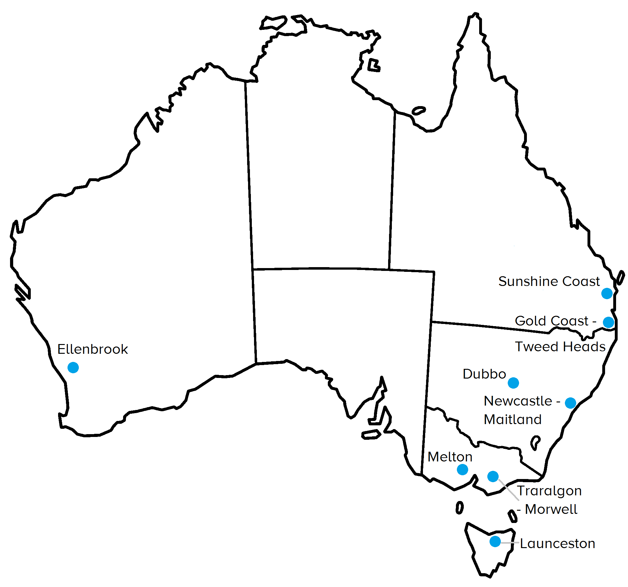 Picture of Australia highlighting places which predicted to grow
